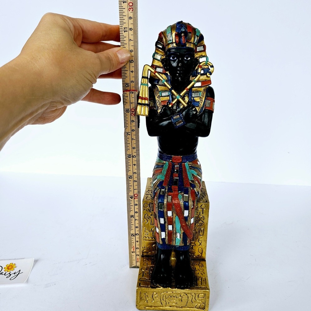 Vintage Egyptian King Tut Pharaoh Seated Statue Hieroglyphics Mosaic Decor 11.5" - Picture 8 of 9